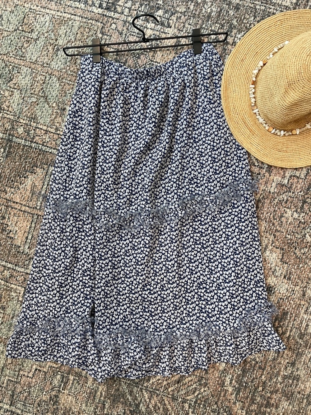 1.STATE Blue Floral Midi Skirt Small Tiered Ruffle Boho
